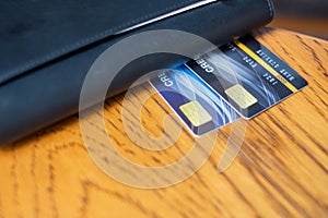 Close up credit card and wallet  for shopping. business, lifestyle,technology,ecommerce and online payment concept