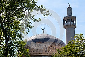 Crescent, dome and minaret of the London Central Mosque, part of the Islamic Cultural Centre, Regent`s Park, London UK photo