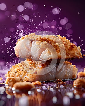Close up of Crispy Breaded Fish Fillet with Seasoned Crumbs Falling on Violet Background