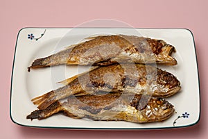 Close-up of croaker roast on pink background