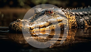 Close up of crocodile teeth in wetland, reflecting tropical climate generated by AI