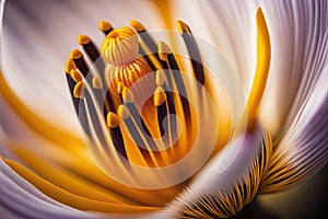 close-up of crocus flower, with its delicate petals and yellow stamen in full bloom