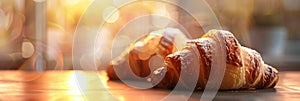 Close up of a croissant with delicate flaky layers in a hyperrealistic photograph photo