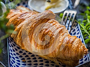 A close-up of a croissant pastry
