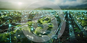 Close-up of crop field with digital network overlay.