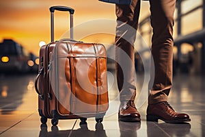 Close-up crop of legs of businessman standing in the modern airport near the modern suitcase. Air flight, business trip, a