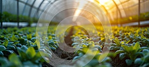 Close-up of crop seedlings in a greenhouse. Plants grow in ideal conditions and protected from extreme weather