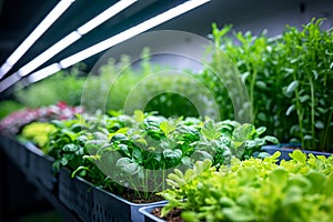 Close-up of crop seedlings. Plants are growing from seeds in trays in a greenhouse. Seedling nursery. Smart farming