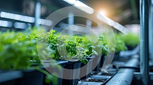 Close-up of crop seedlings. Plants are growing from seeds in trays in a greenhouse. Seedling nursery. Smart farming