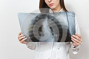 Close up cropped doctor woman with X-ray of lungs, fluorography, roentgen isolated on white background. Female doctor in