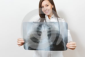 Close up cropped doctor woman with X-ray of lungs, fluorography, roentgen isolated on white background. Female doctor in