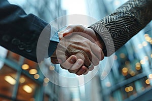 Close-up cropped image of two businessmen in classic suits shaking hands. Modern office building buildings on the