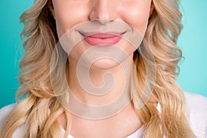 Close up cropped photo of charming pretty cute nice girl demonstrated pouted plump pomade lips after bodycare botox