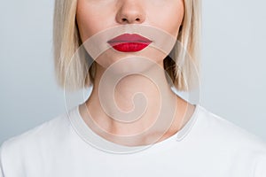 Close up cropped photo of lovely cute girl with bright red tempting plump lips botox isolated on grey color background