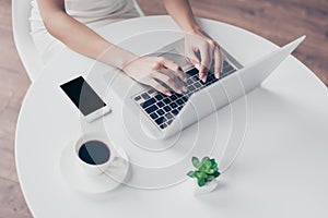 Close up cropped photo of nice hands of woman typing on the laptop at the top of white table with phone and coffee, plant