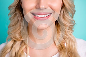 Close up cropped photo of positive cheerful girl show perfect ideal beaming smile teeth after dental implants veneers