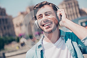 Close up cropped portrait of cheerful laughing delightful excite