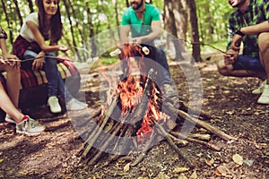 Close up cropped shot of fire place, four cheerful serene tourists