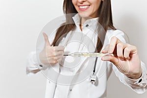 Close up cropped smiling doctor woman in medical gown with stethoscope, glasses showing thumbs up. Focus on clinical