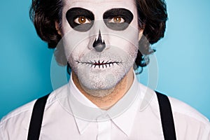 Close-up cropped view portrait of his he nice handsome serious evil guy demonic diabolic art visage catrina festive