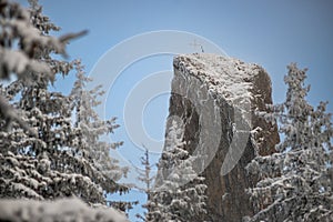 Close-Up of Cross Atop Piatra Mare Rock in Rarau