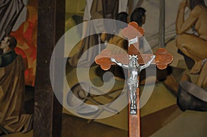 Close-up of cross with the image of Jesus Christ.
