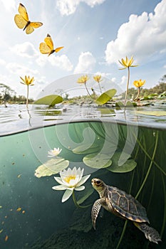 Cross cut view of clean water with water lilies and turtle photo