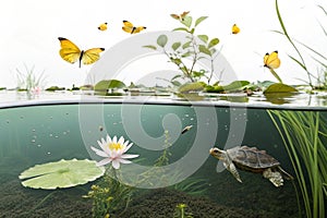 Cross cut view of clean water with water lilies and turtle photo