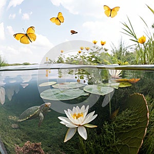 Cross cut view of clean water with water lilies and turtle photo