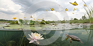 Cross cut view of clean water with water lilies and turtle photo