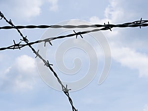 Close-up of crossed barbed wire against cloudy blue sky - isolated design element