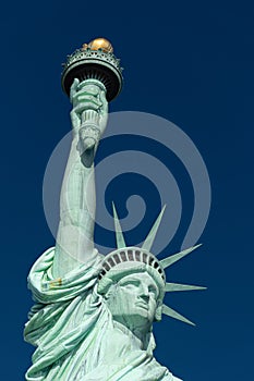 Close-up of the crown, the arm, and the torch of the Statue of Liberty, New York