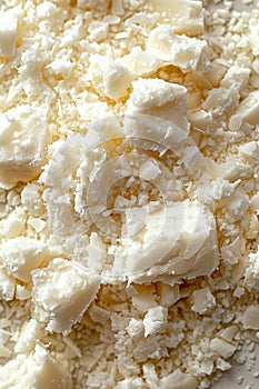 Close-up of crumbled white beeswax with detailed texture.