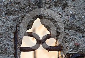 Close up of the crumbling remains of the Berlin Wall at the Wall Memorial, Germany. Segments of wall have been left as a reminder