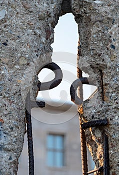 Close up of the crumbling remains of the Berlin Wall at the Wall Memorial, Germany. Segments of wall have been left as a reminder