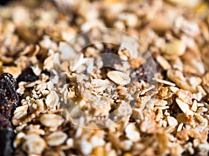 Close-up of crunchy muesli with granola and dried fruits