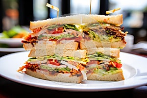 close-up of crusty bread with fillings of clubhouse sandwich