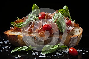 Close-up crusty white bread sandwich with jamon serrano and basil on neutral background