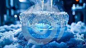 Close-up of a cryogenic freezing process with ice forming in a lab