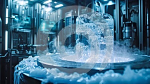 Close-up of a cryogenic freezing process with ice forming in a lab