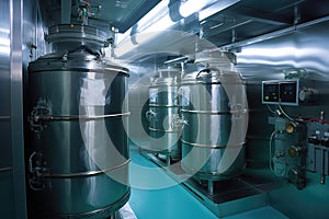 close-up of cryogenic storage containers in laboratory