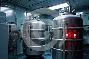close-up of cryogenic storage containers in laboratory