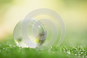 Close up of crystal globe resting on grass in a forest