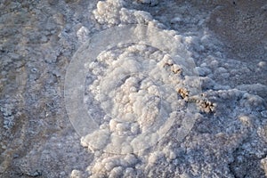 Close-up of crystalline salt formations at sunrise