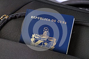 Close up of Cuba Passport in Black Suitcase Pocket