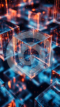 A close up of a cube with a blue background and orange and blue lights