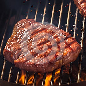 Close up culinary art Beef flank steak on the grill, irresistibly appetizing photo
