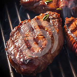 Close up culinary art Beef flank steak on the grill, irresistibly appetizing photo