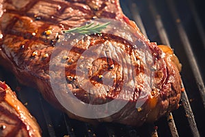 Close up culinary art Beef flank steak on the grill, irresistibly appetizing photo