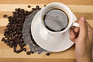 Close up cup of coffee in hand